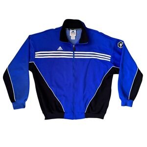 ADIDAS Soccer Track Jacket Blue Black Full Zip Retro 3 Striped XL Y2K